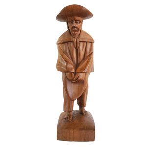 Hand Carved Wood Folk Art Hispanic Statue Figurine Man Water Jug Braids